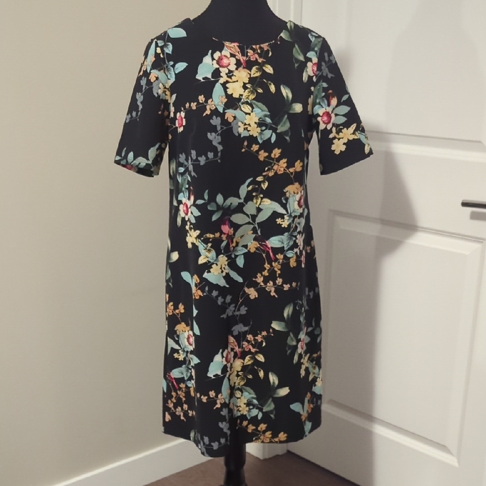 Reitmans | Black Colourful Floral Midi Short Sleeve Summer Dress, Small, EUC